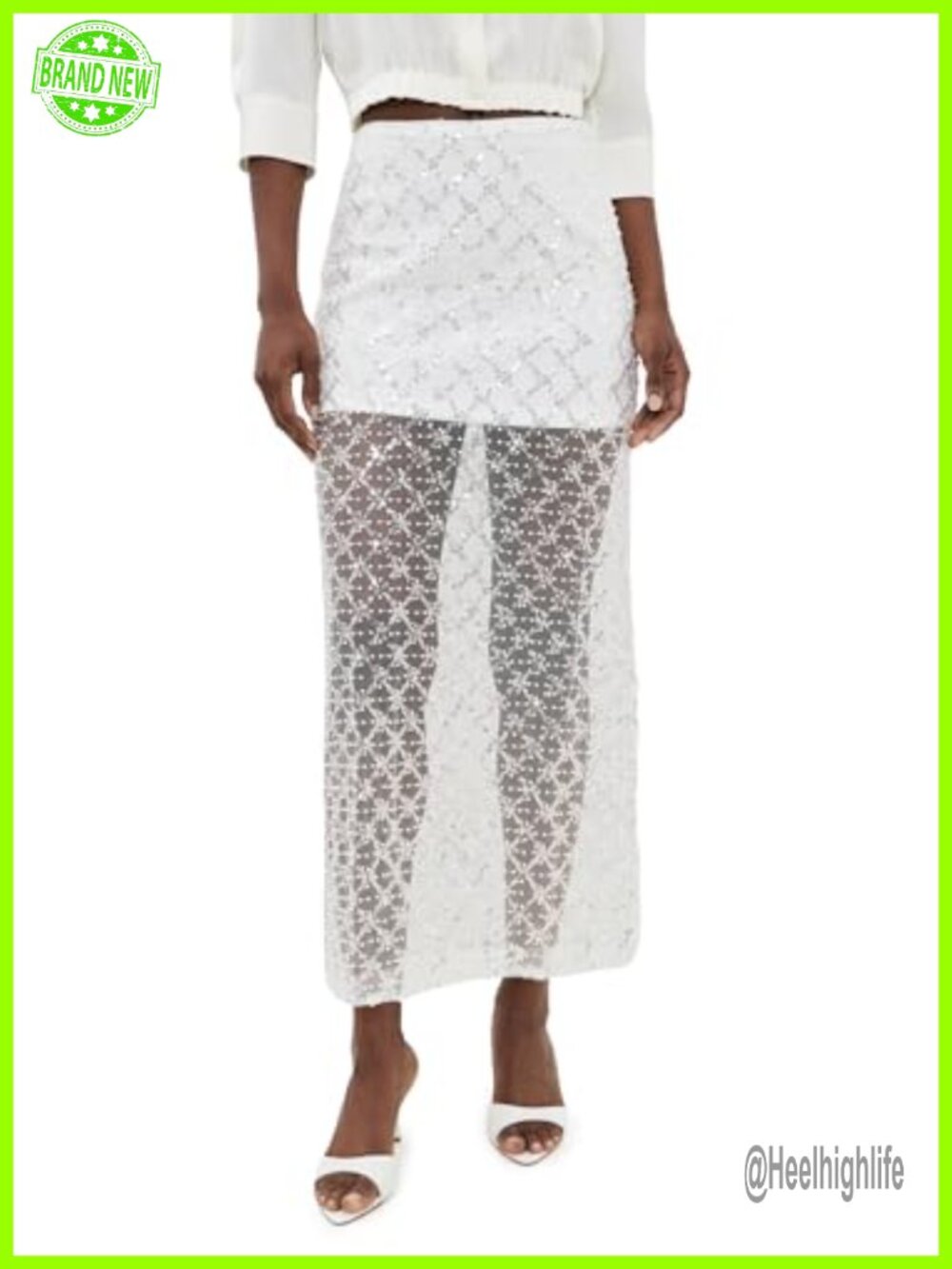 Sequin Pearl Embellished Mesh Maxi Skirt High Rise Evening